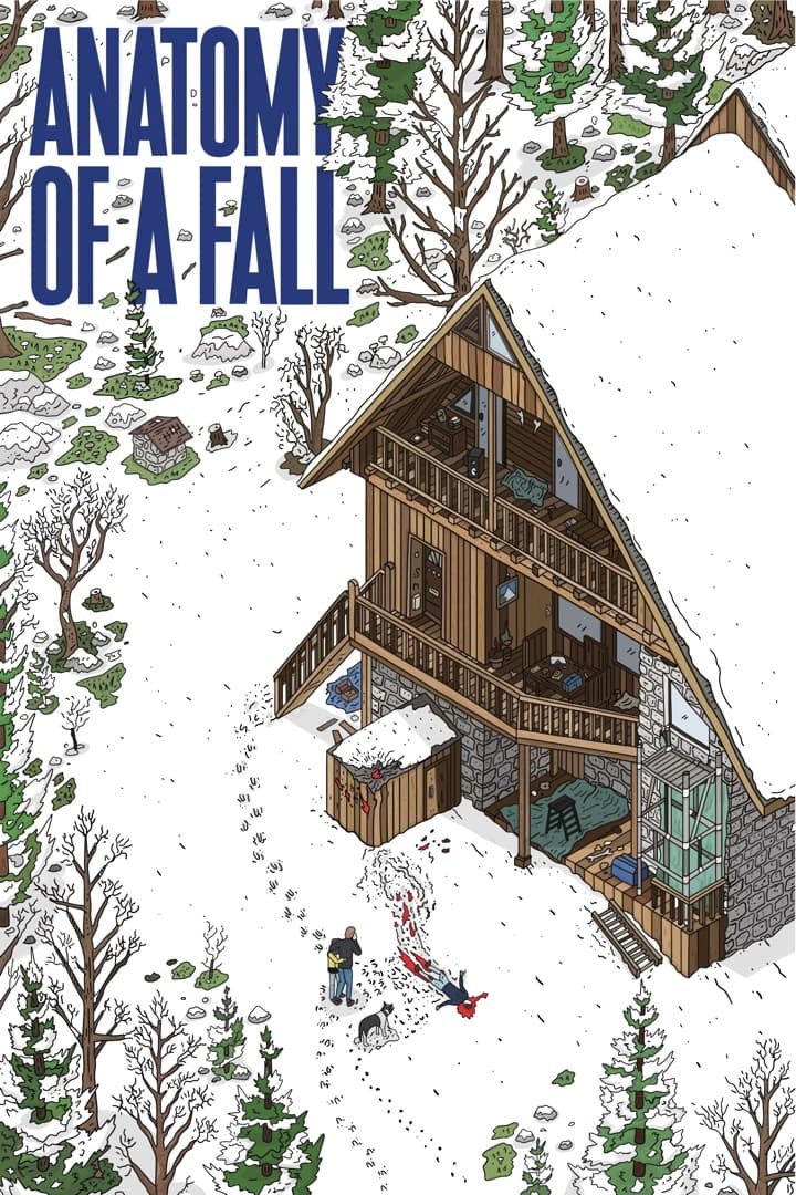 Isometric pen-and-ink illustration of a wood-and-glass A-frame chalet cut open like an architectural section, set on a snowed clearing in a bare-tree forest; a small figure stands beside a red shape on the ground in front of the cabin.