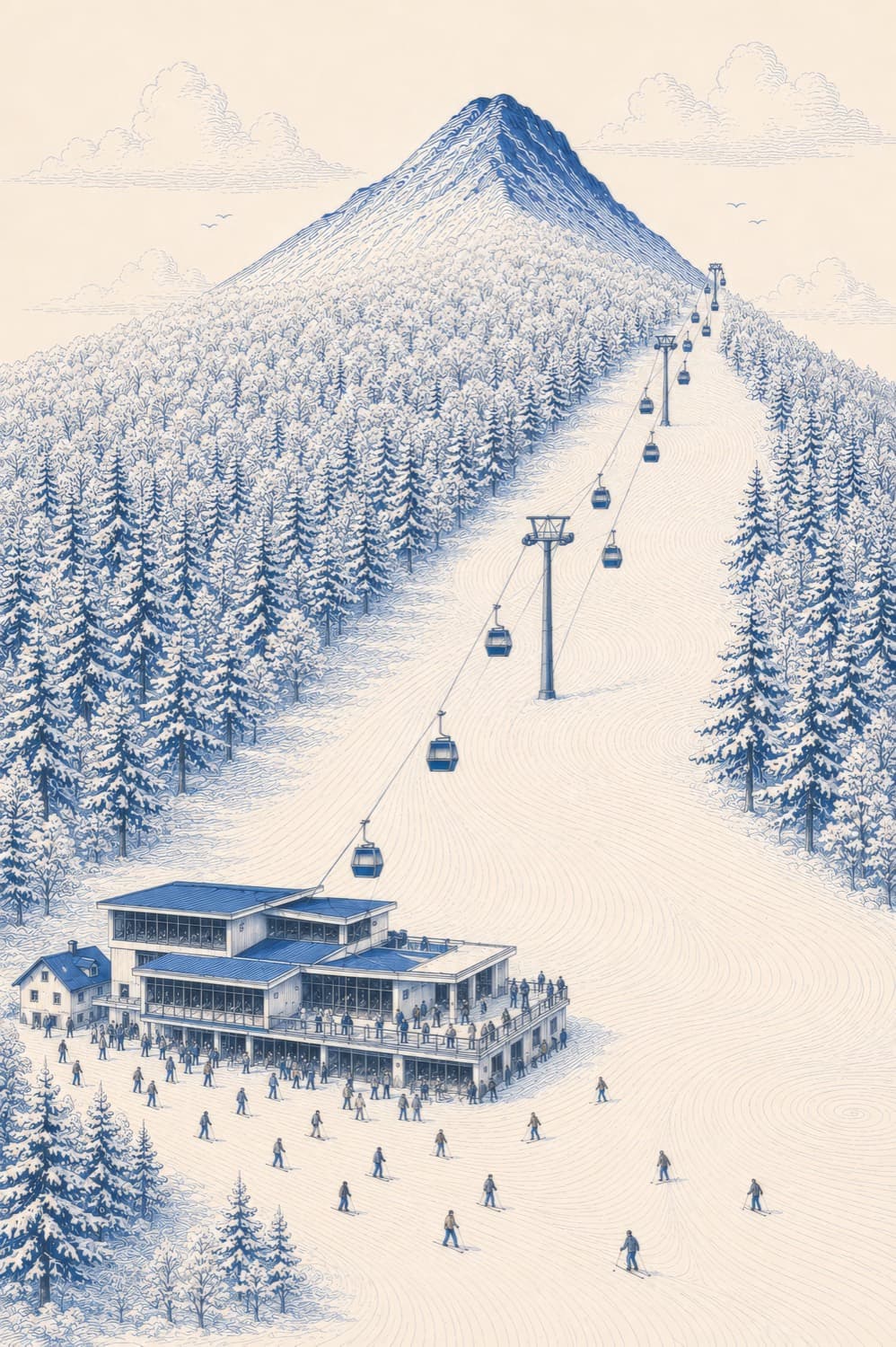 Vertical print of a forested ski mountain rendered in inky blue line work on a cream ground; a chairlift runs up the centre from a small lodge at the base to the conical summit, with dozens of skiers descending the piste between snow-covered pines.