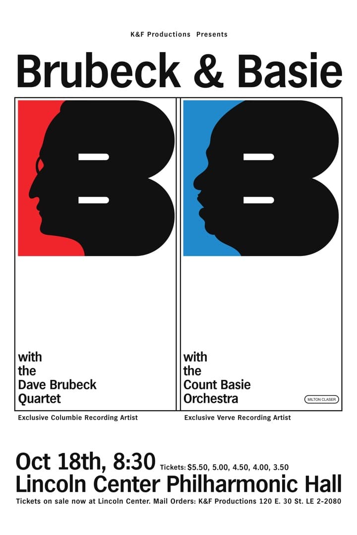 Concert poster with two black silhouetted profiles facing each other, set into flat red and blue rectangular fields that read as the letter B; bold serif title above and a Lincoln Center date and price list along the bottom edge.