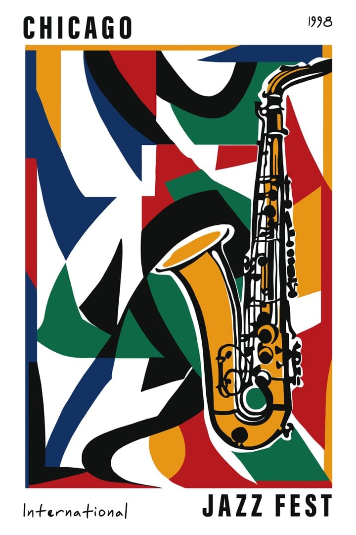 Festival poster of a golden saxophone in black outline floating across a collage of cobalt, green, red, mustard, and black cut-paper shapes; "Chicago" and "Jazz Fest International 1998" lettering frames the composition top and bottom.
