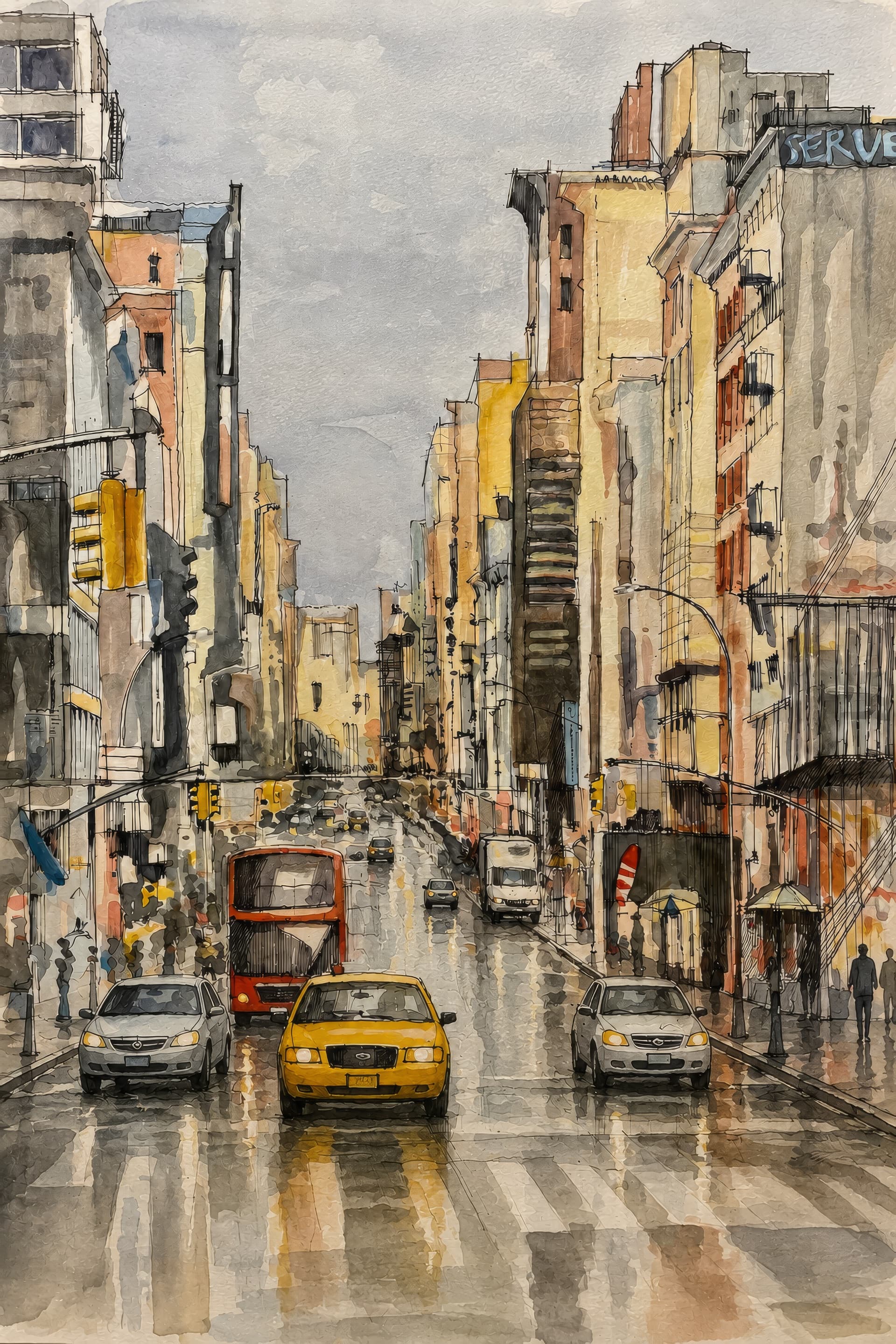 Watercolour and ink painting of a wet, rain-reflected city avenue lined with tall buildings; a red double-decker bus, a yellow taxi and several cars move down the street toward the viewer under an overcast sky.