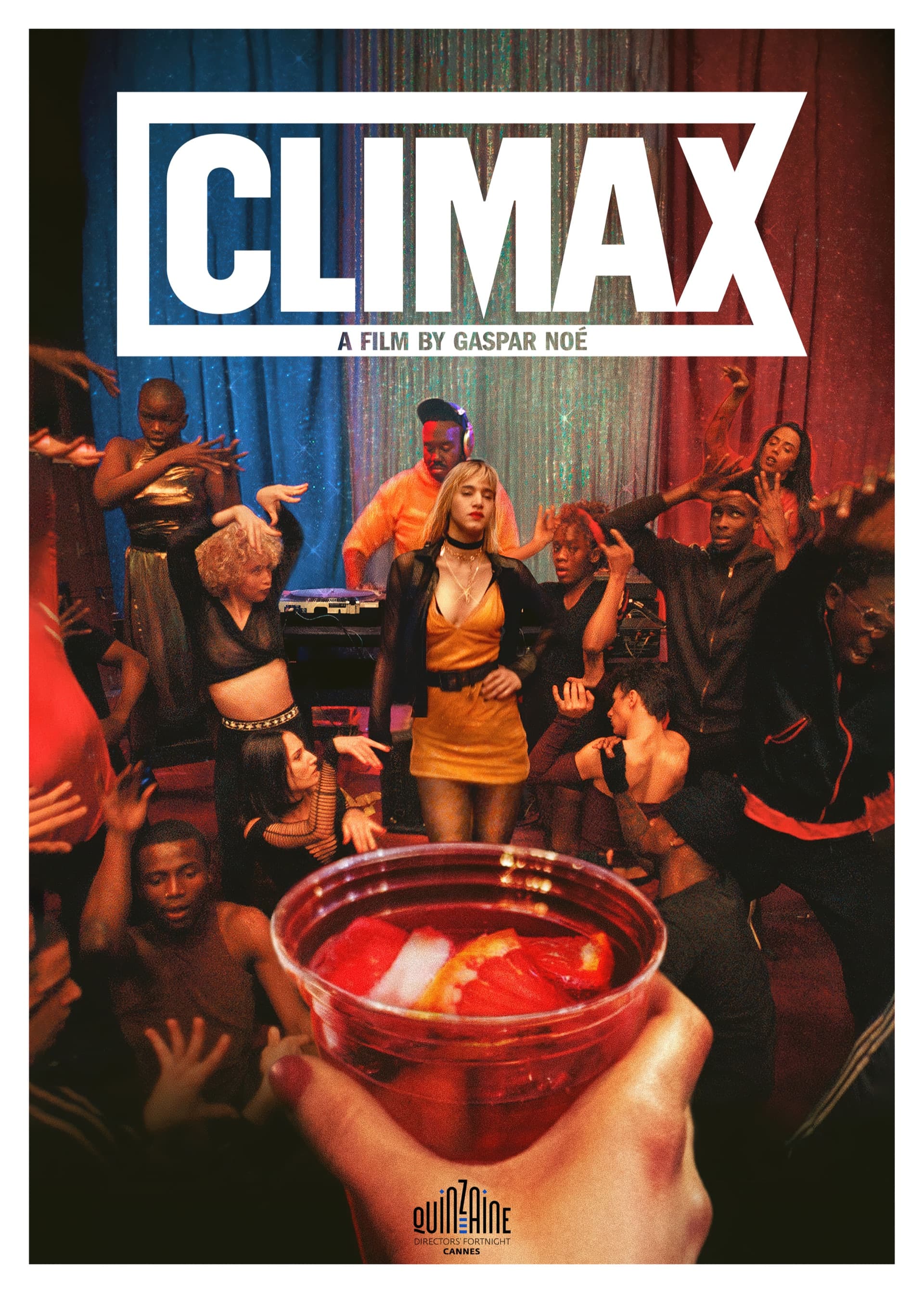 Film poster with a nightclub crowd reaching and dancing under coloured stage light, washed in blues and reds; a hand in the foreground holds up a clear bowl of dark red punch, and a woman in a yellow dress stands centred among the figures.