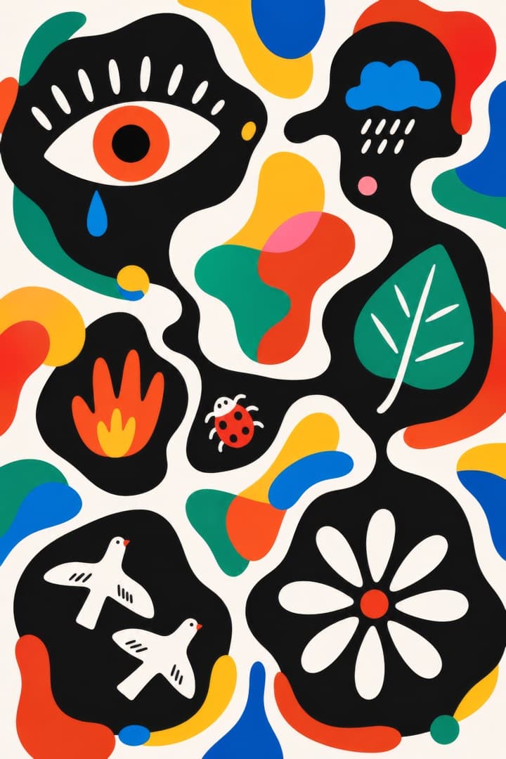 Bright, flat cut-paper-style illustration on a cream ground: organic black shapes holding colourful symbols including a crying eye with an orange iris, a blue rain cloud, a red hand, a green leaf, two white birds, a ladybird and a white daisy, surrounded by loose red, blue, green and yellow shapes.
