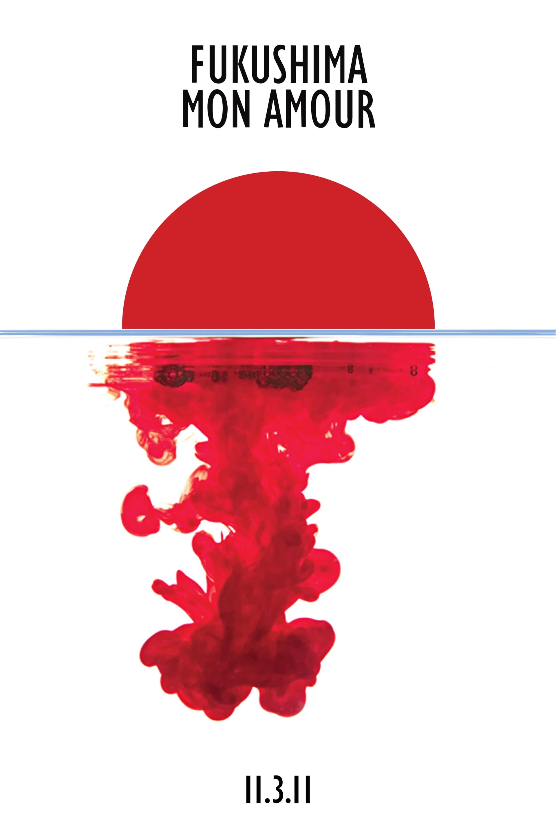 Minimalist poster on a white ground with a flat red half-disc above a thin blue waterline and a column of red ink billowing down into the water below, distorting a small pale rectangle of script.
