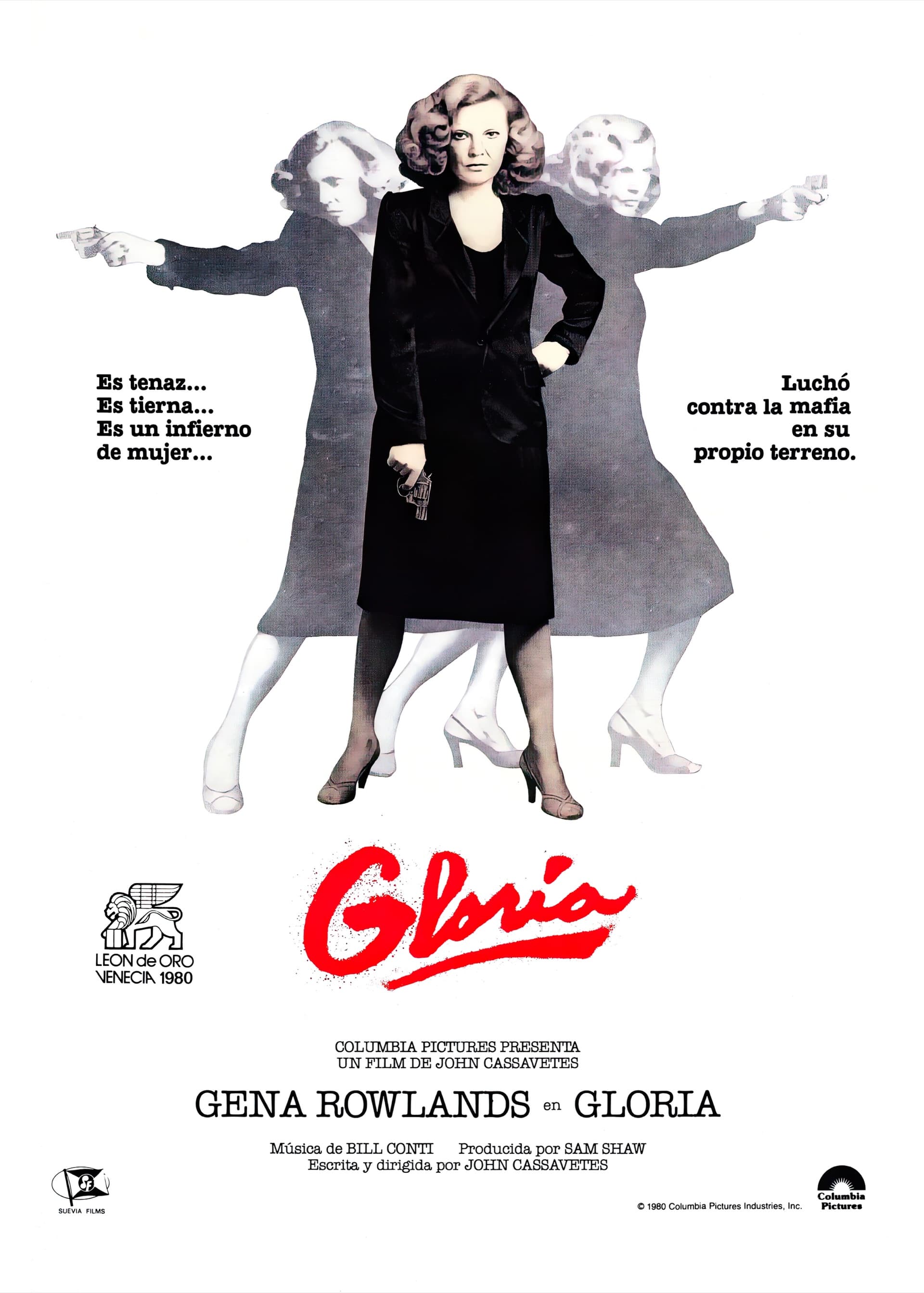 Vintage film poster with a woman in a long dark trench coat holding a revolver, flanked by ghosted grey duplicates of herself with arms outstretched and guns raised; white background, with a red brushed logotype at the lower centre.
