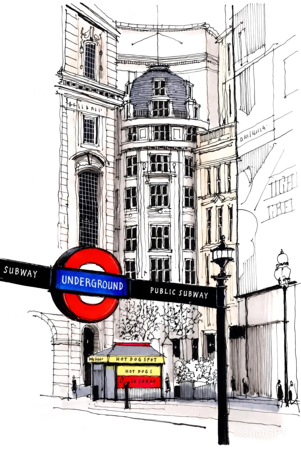 Pen-and-ink and watercolour sketch of a London street corner: a grand domed Edwardian building behind a red-and-blue London Underground roundel sign reading UNDERGROUND with SUBWAY and PUBLIC SUBWAY direction arms, and a small yellow-and-red Hot Dog Spot kiosk on the pavement below.