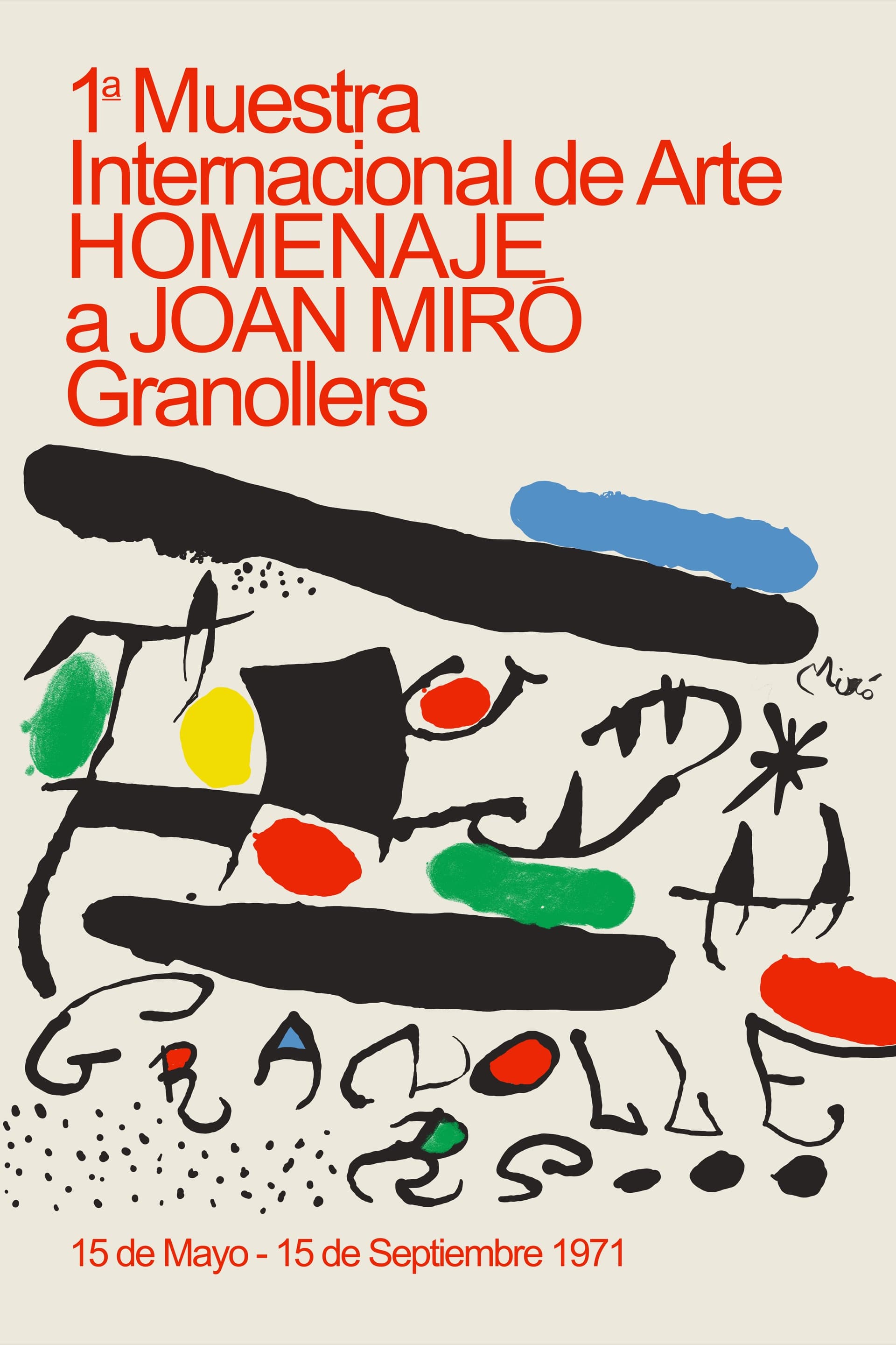 Vintage gallery poster with loose, gestural black ink strokes, a blue cloud-shape, scattered red and yellow dots, and a yellow disc arranged across a warm cream ground; red sans-serif title text stacks at the top left.
