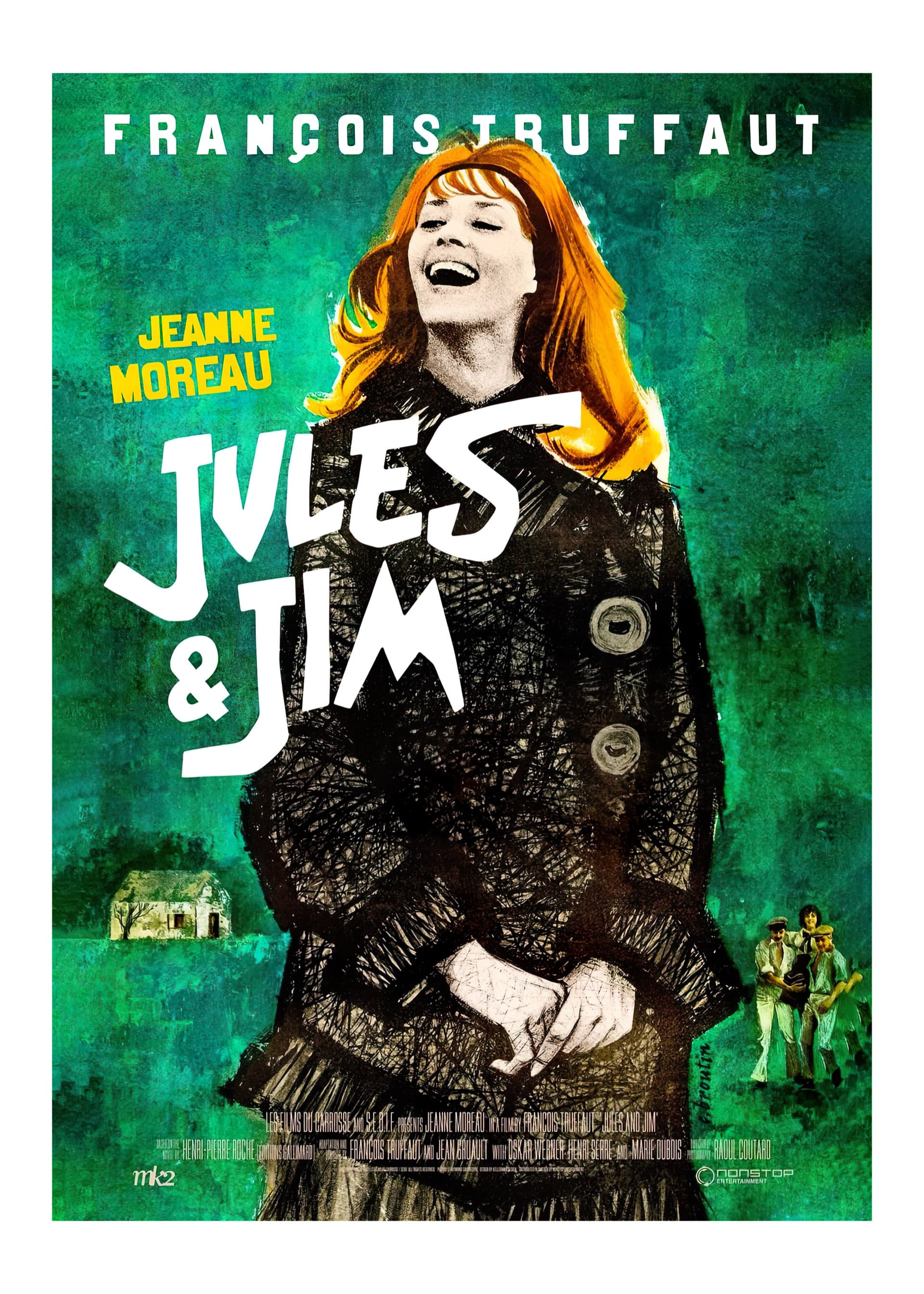 Film poster of a red-haired woman laughing with head thrown back against a textured teal-green background; loose white hand-lettered title sits at her shoulder, with a small farmhouse on the lower left and two tiny figures on the lower right.