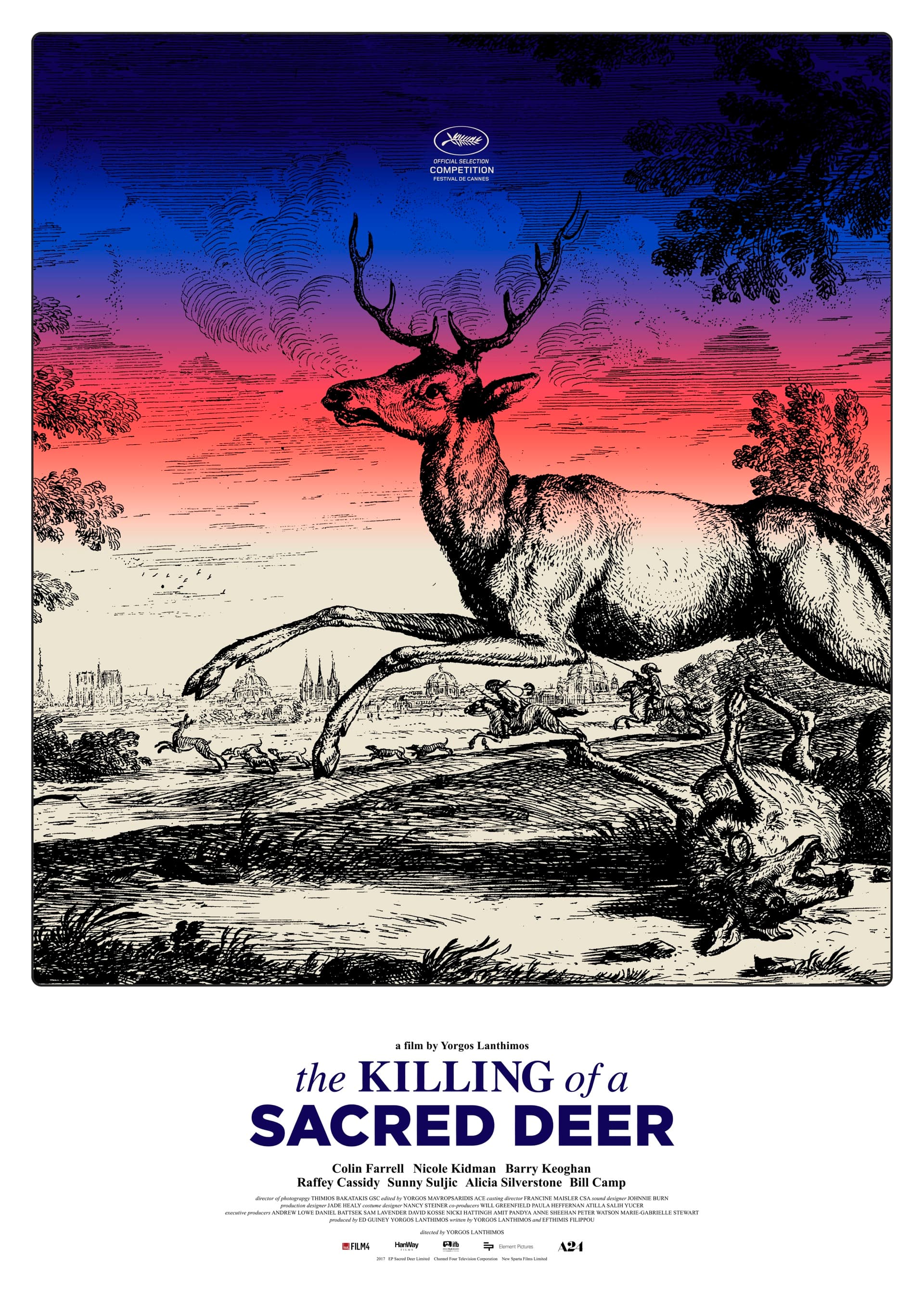 Film poster of a nineteenth-century black engraving of a large stag and a smaller running deer crossing a rural landscape with distant city spires; the sky above the engraving is washed in a dipped-dye gradient from pale yellow at the horizon up through crimson red to deep cobalt blue.