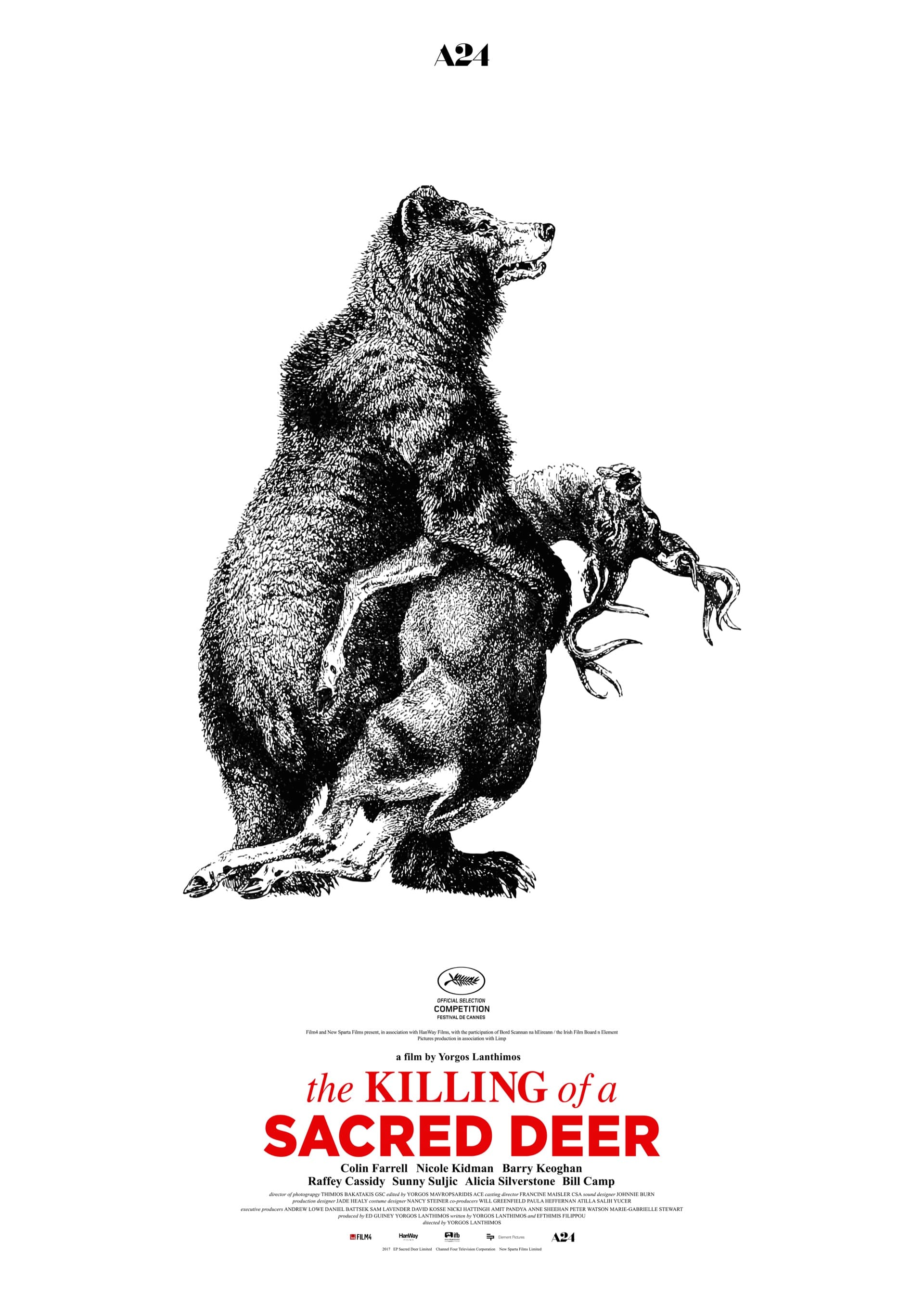 Film poster on a pure white background showing a finely engraved nineteenth-century-style standing bear holding the limp body of a small deer in its arms; the antlers fall forward, with red serif title text below.