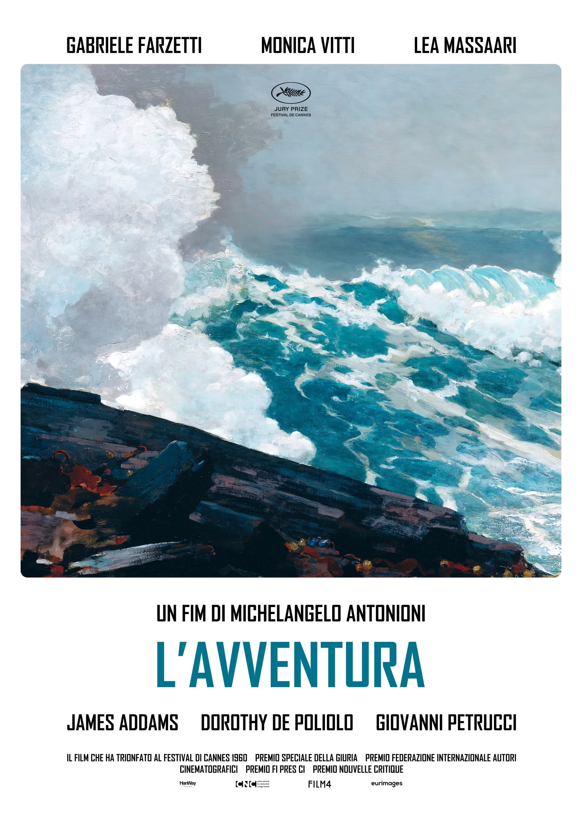 Film poster centred on a nineteenth-century-style oil painting of a stormy sea breaking white against dark coastal rocks; calm flat-colour bands of cast type at top and a clean lower title block frame the painting.