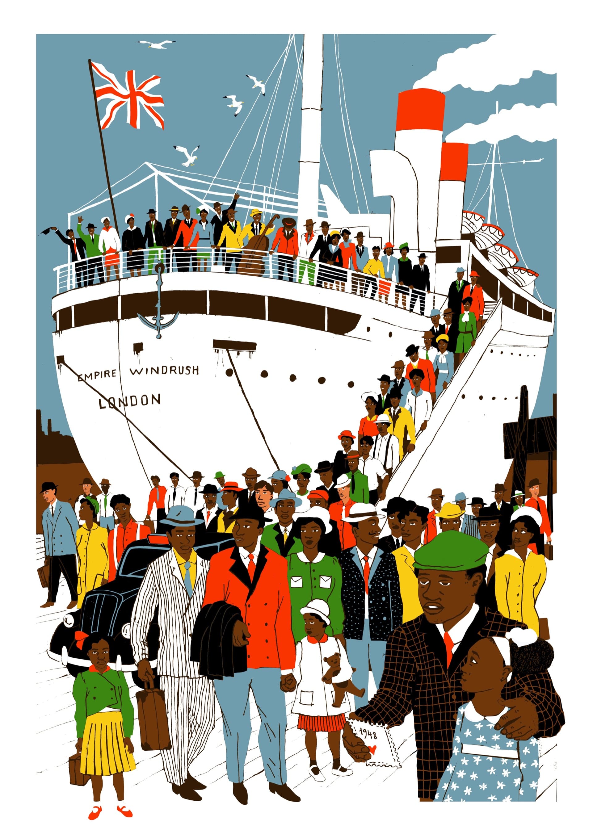 Flat-colour illustration of the Empire Windrush ship at dock with a Union Jack on the gangway; in the foreground, a crowd of newly arrived passengers in coats and hats walks toward the viewer, including a girl in a star-printed dress and a man in a red coat with a small dog.