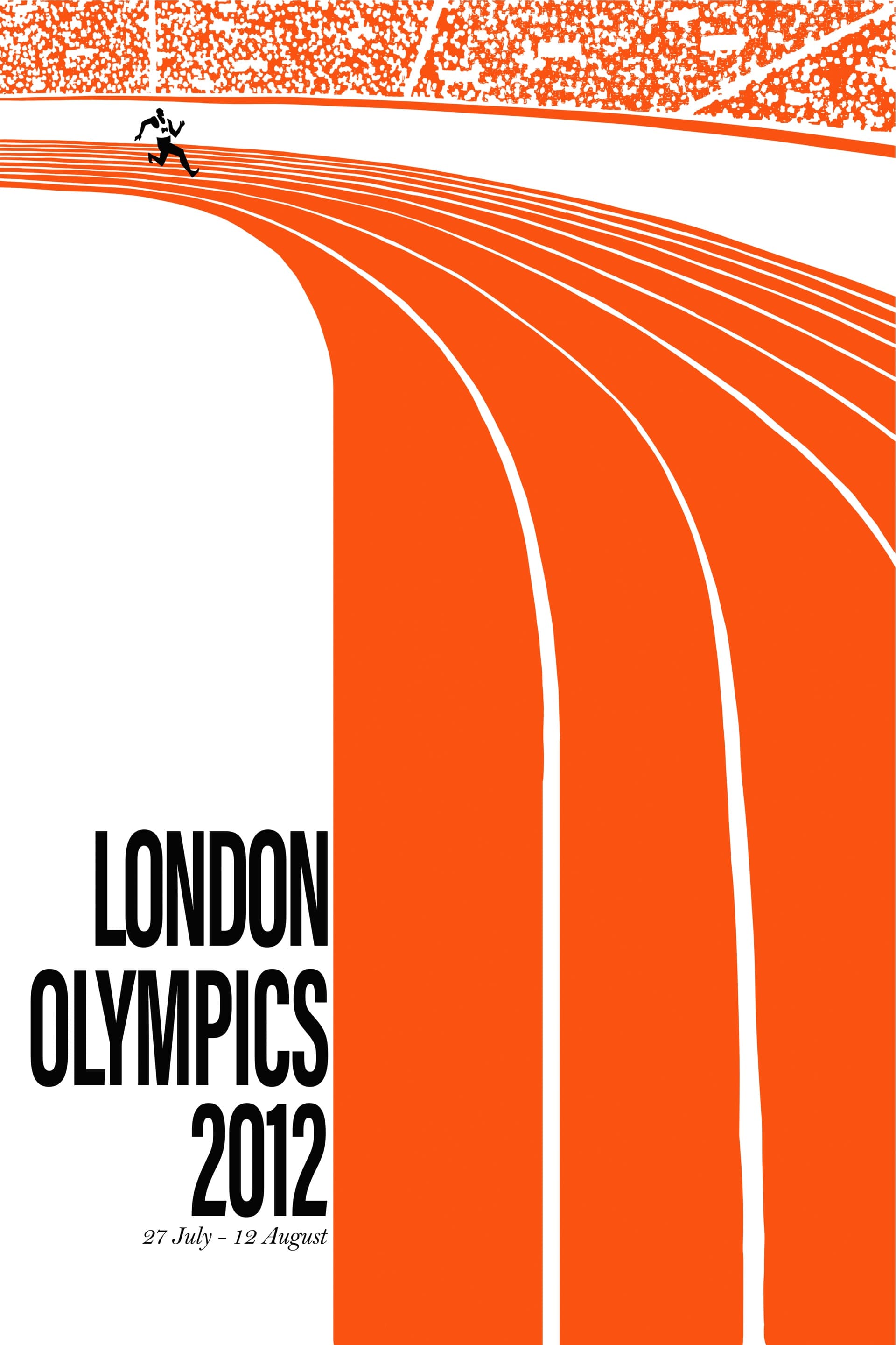Minimalist poster of an athletics track from a high angle; long orange lane lines curve from the lower right around the top of the page with a single small runner taking the bend at the back, against a white ground and a thin crowd band at the horizon.