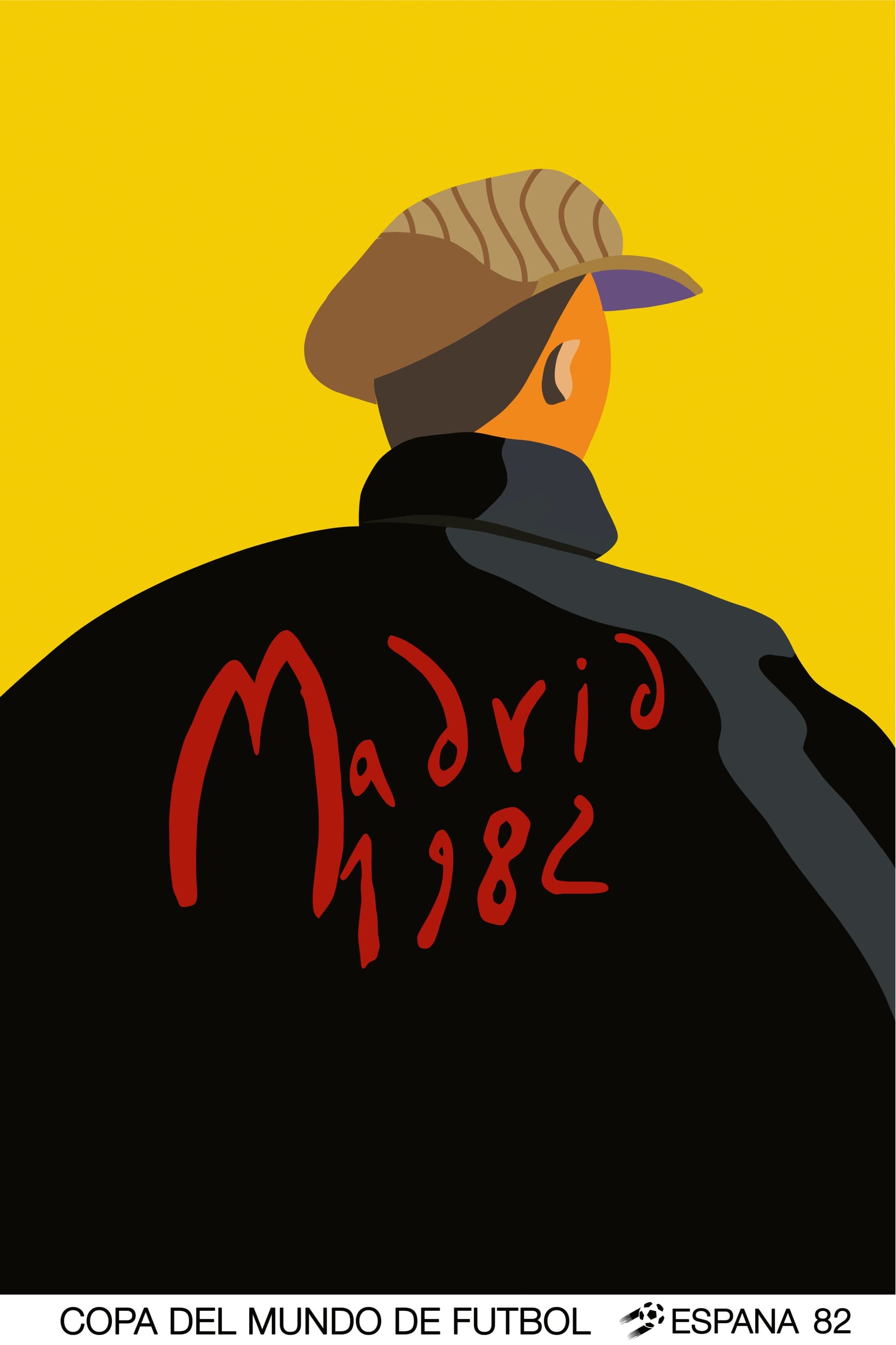 World-cup poster with a figure in a wide black cape and flat cap seen from behind against a saturated yellow background, with "Madrid 1982" hand-brushed in red across the cape; a thin black footer runs along the bottom edge.