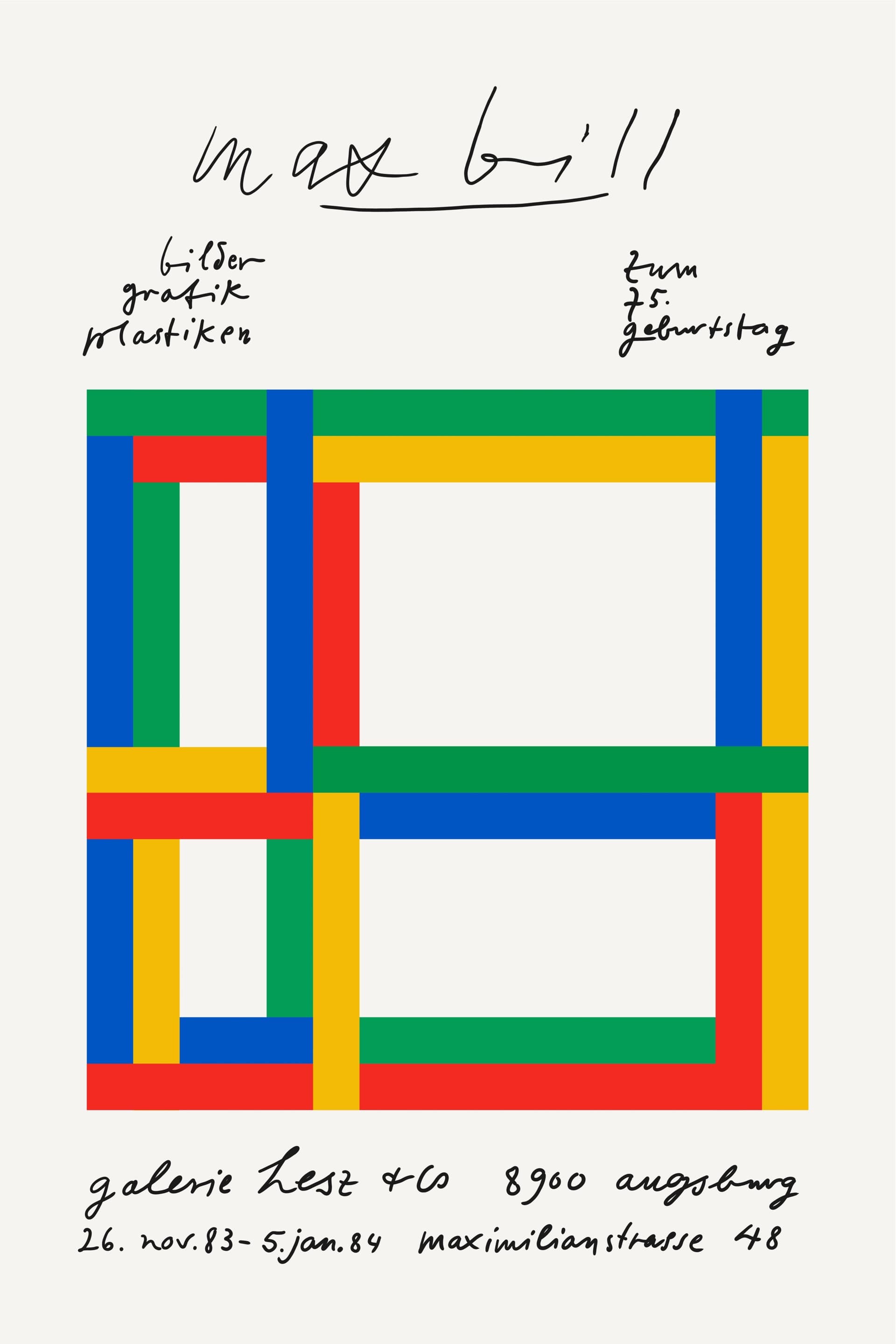 Exhibition poster with a square grid of interlaced ribbons in primary red, blue, green, and yellow weaving over and under each other on a warm off-white ground; hand-lettered title sits above and gallery details handwritten below.