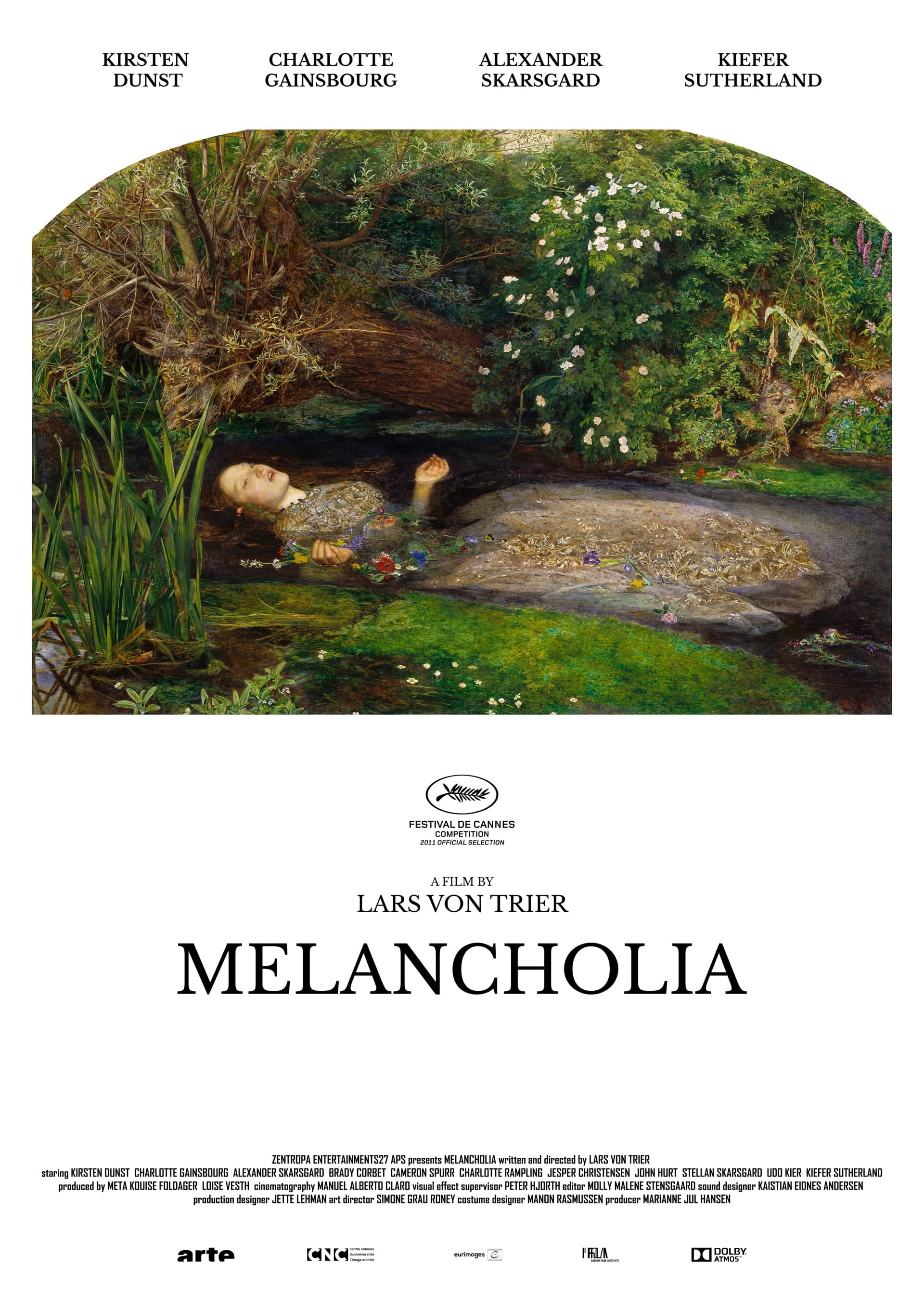 Film poster with a nineteenth-century painting of a woman floating in a flowered pond surrounded by wild green foliage filling the upper portion; a clean white field below holds festival marks and a dark sans-serif title block, with small cast names along the top edge.