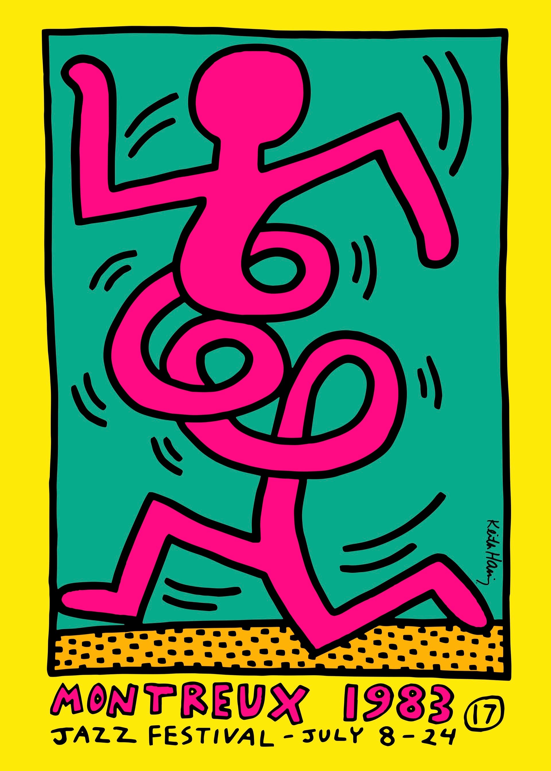 Festival poster with a thickly outlined magenta cartoon figure with curling limbs dancing across a sea-green rectangular panel, framed by a hard yellow border and a hand-painted pink festival footer.