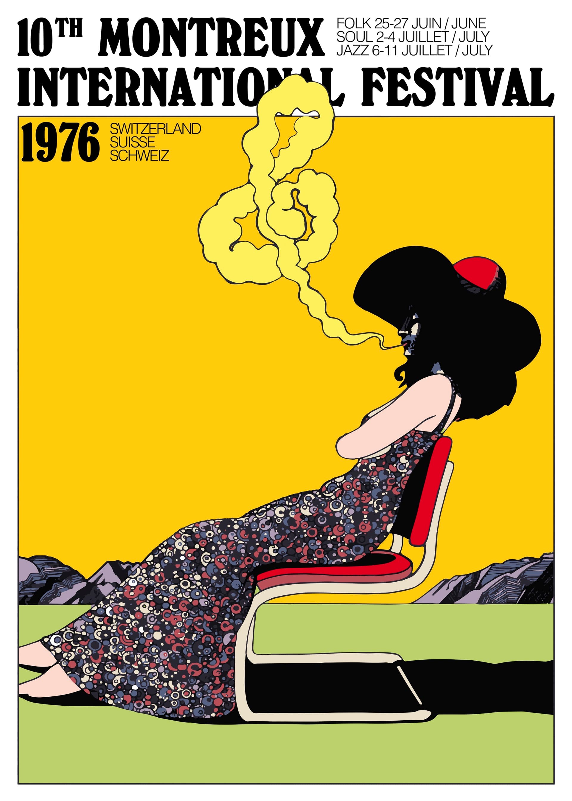 Festival poster of a black-haired woman in a black floral dress sitting sideways on a red modernist chair against a flat marigold-yellow ground, with long pale-yellow curls of smoke rising from her mouth; a black title bar runs across the top edge.