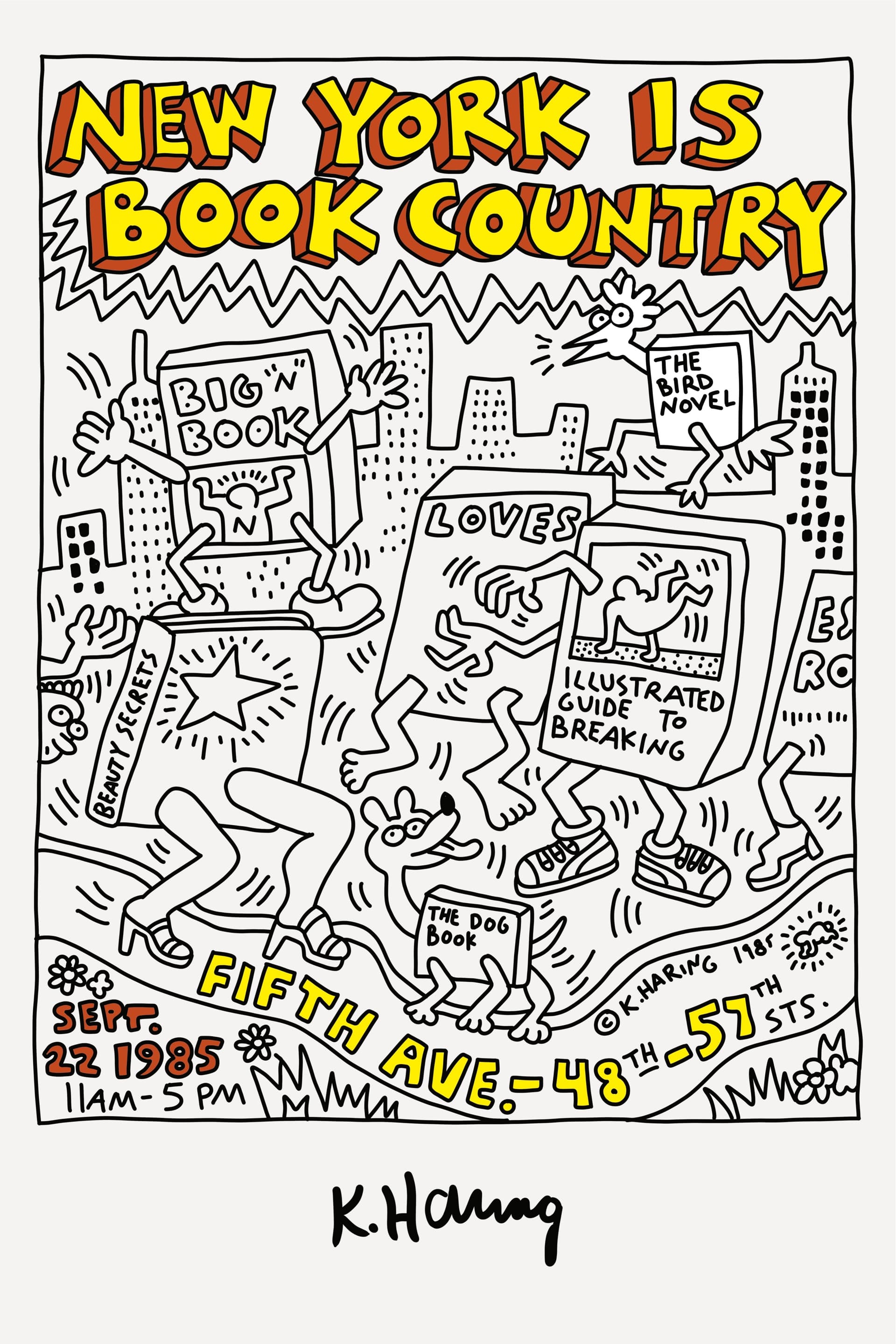 Festival poster with a loose ink line drawing of large book characters with arms and legs walking along Fifth Avenue past Manhattan skyscrapers; shadowed comic-style title runs across the top in red and yellow; flat hand-drawn flowers run along the lower border.