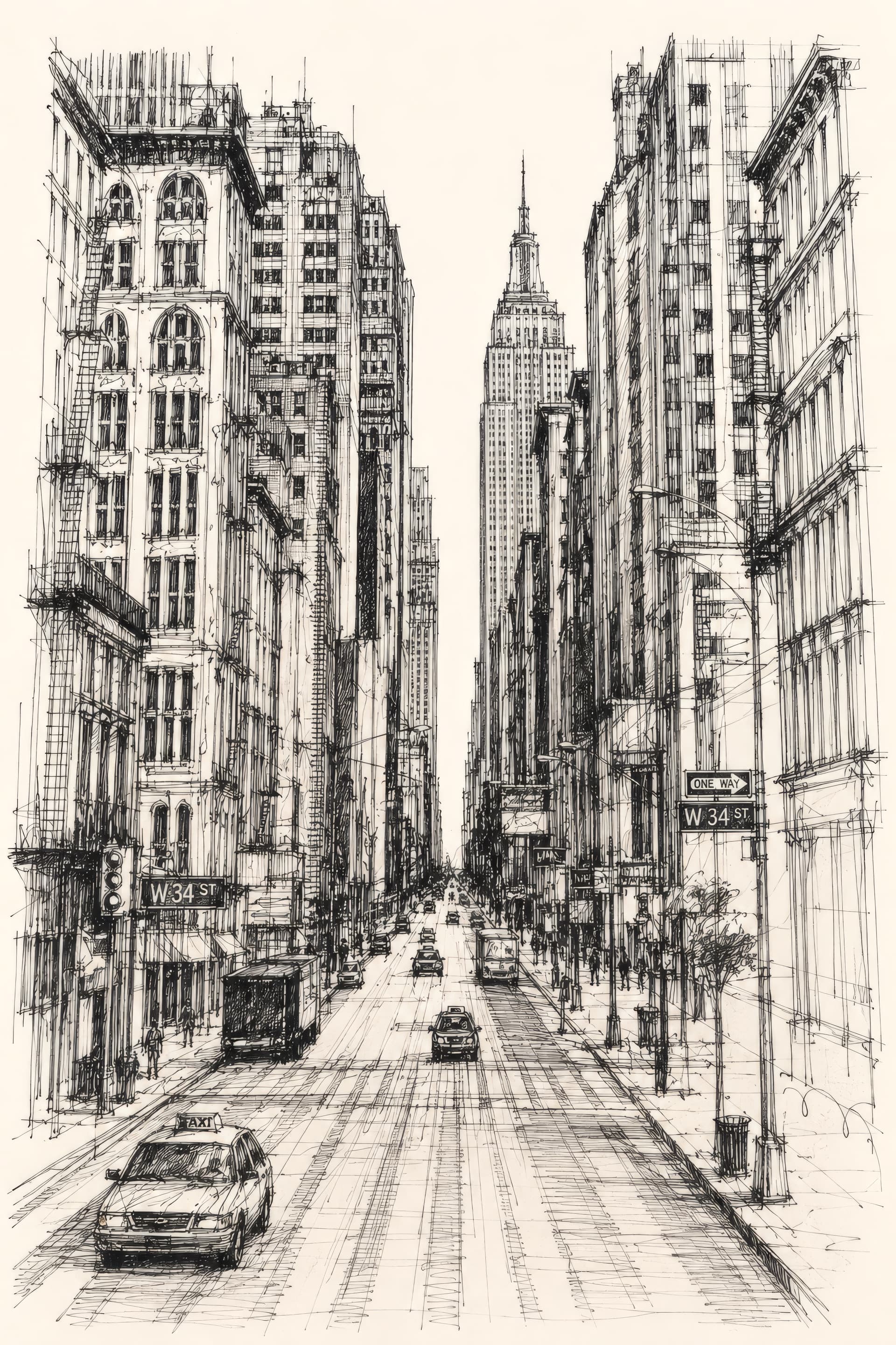 Yüksek binalarla çevrili bir Manhattan caddesine (West 34th Street) bakan ayrıntılı siyah-beyaz mürekkep–kalem çizimi; merkezdeki kaçış noktasında Empire State Building yer alır, önde bir taksi durur ve sokak tabelalarında W 34 ST yazar.
