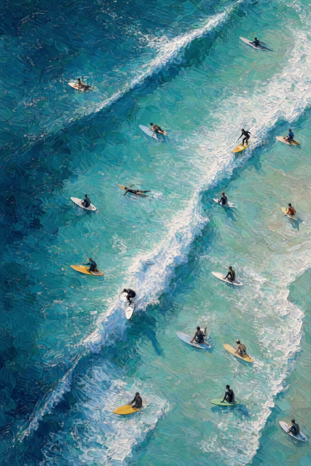 Aerial view of around fifteen surfers in wetsuits scattered along a single breaking ocean wave; deep cobalt and turquoise water painted in textured impasto strokes, with a clean white-water line running diagonally across the composition.