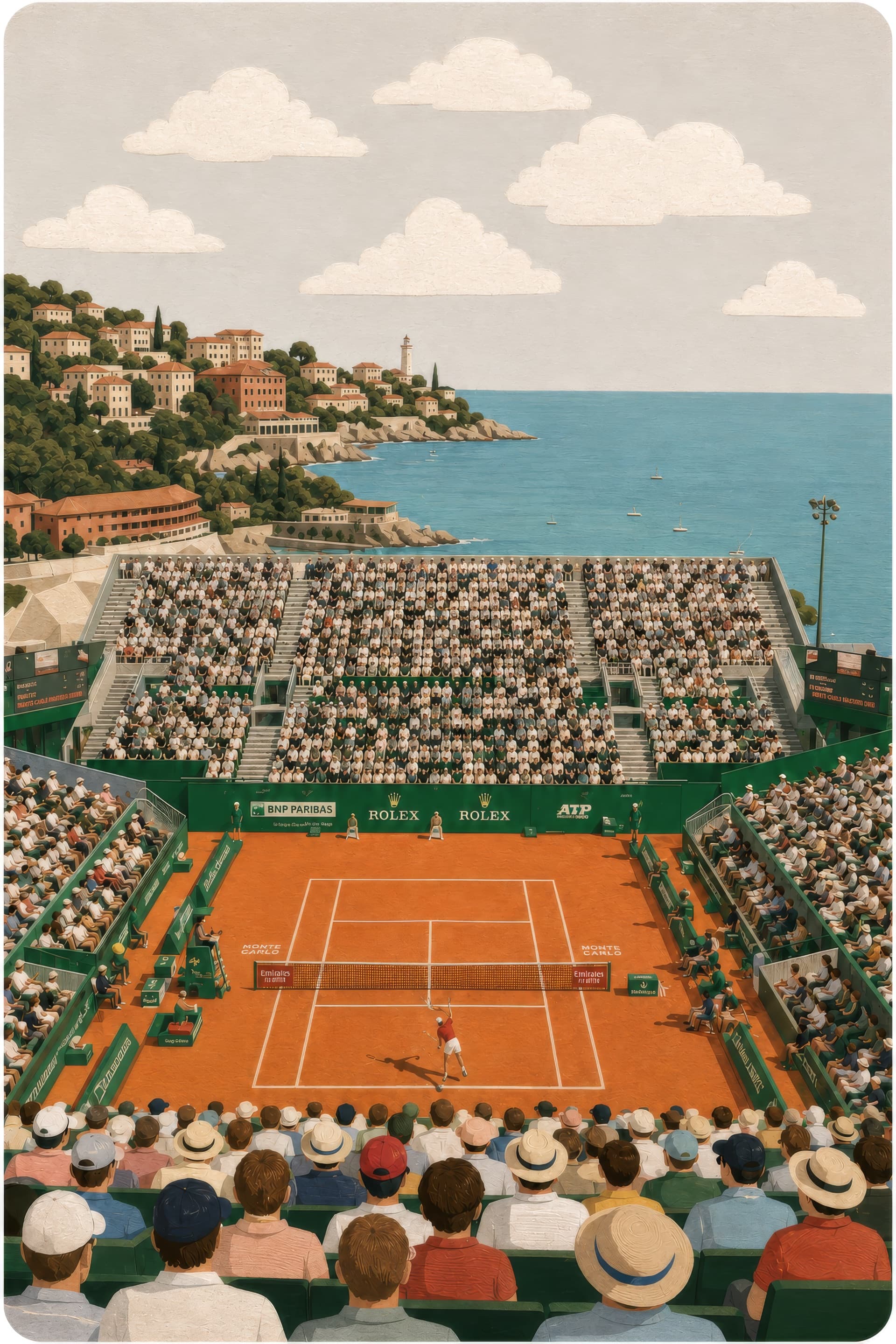 Illustrated elevated view of a clay tennis court inside a packed stadium beside the sea; green grandstands full of spectators surround the terracotta court, with a coastline of pastel buildings, a lighthouse and a blue bay of boats in the background and a crowd in sun hats in the foreground.