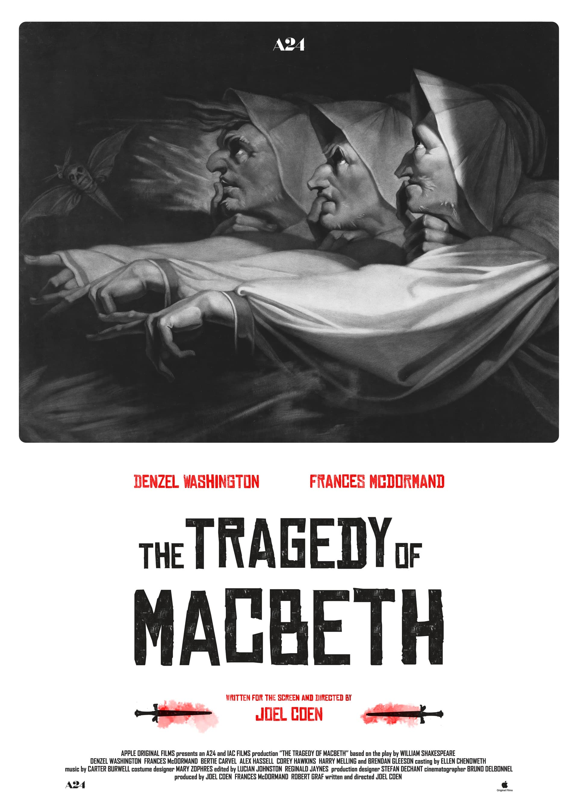 Film poster with a charcoal-style black-and-white scene of three hooded figures in pointed cowls leaning together against a dark smoky field with a single arm reaching forward; a clean white field beneath holds chiselled black title type and two small smudged red-streaked daggers flanking the title.