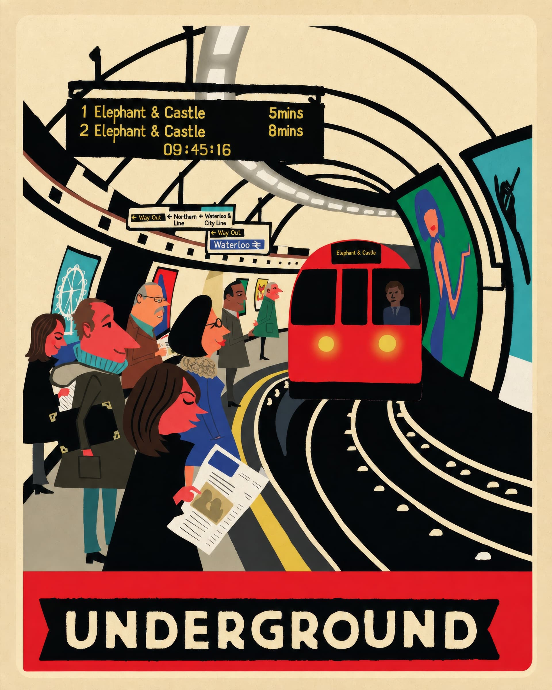 Stylised, geometric illustration of a London Underground platform: a tiled tunnel curves to the right where a train with two red lights arrives, a digital indicator overhead shows trains to Elephant & Castle in 5 and 8 minutes, and a line of waiting passengers in coats stands at left; a red banner at the bottom reads UNDERGROUND.