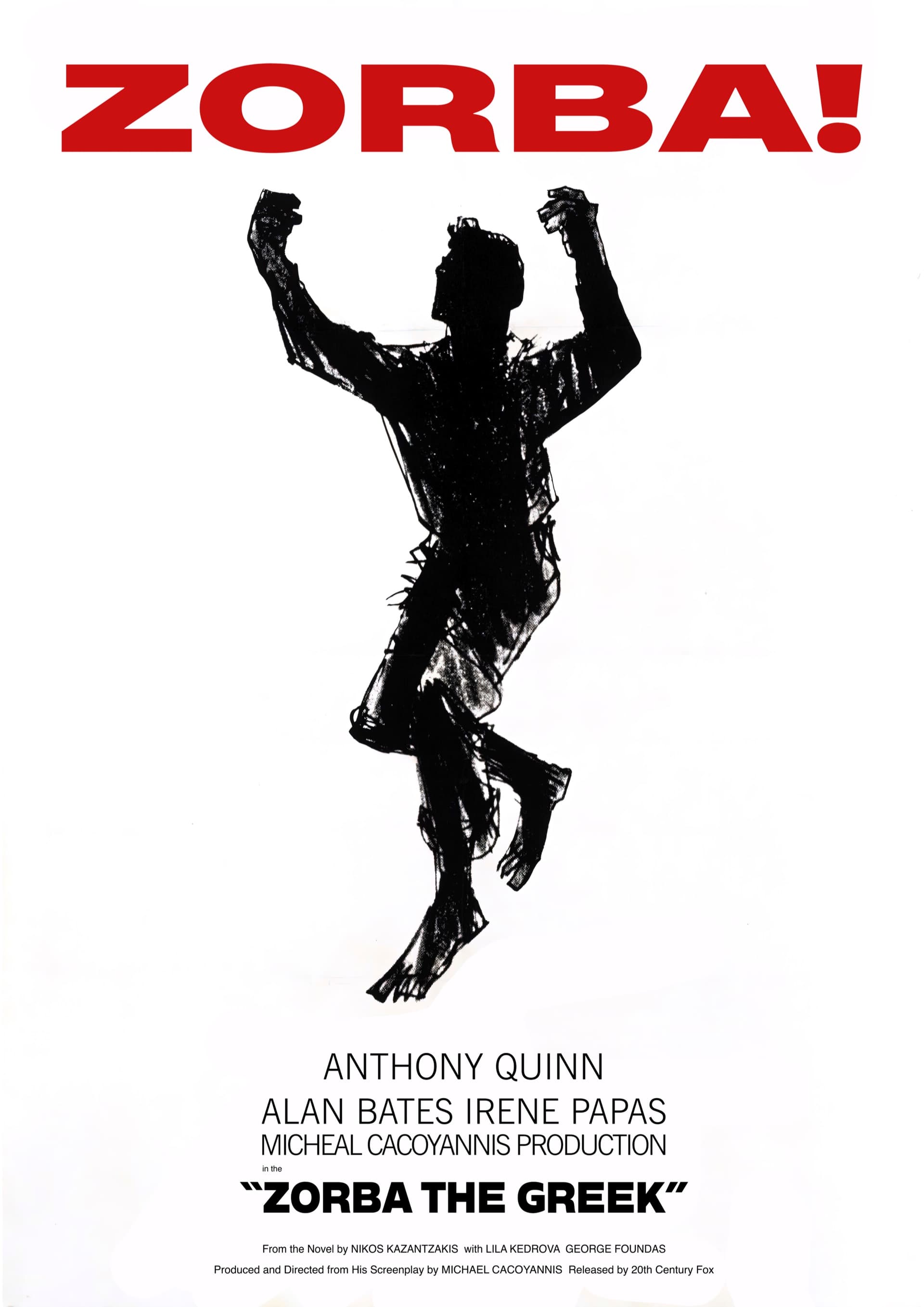 Vintage film poster with a single brush-and-ink black silhouette of a dancing man with arms raised overhead at the centre of an otherwise blank white sheet; a flat red sans-serif title runs across the top, with small cast and credit text along the lower edge.