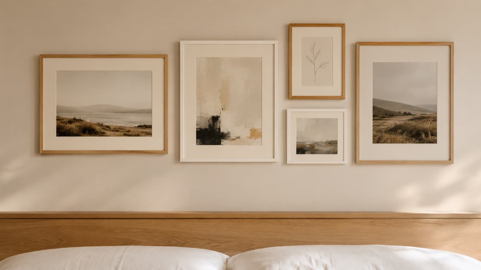 Wall art above a low natural oak headboard: a tight five-frame cluster of light oak frames with generous cream mats, contents blending muted coastal and meadow landscape photography with a soft tonal abstract painting and a delicate botanical line-art print; crisp white linen pillows visible across the bottom edge with clear breathing space between the headboard and the lowest frame.