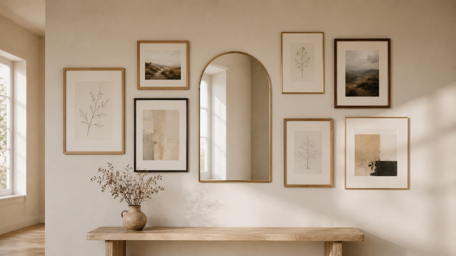 A modern entryway console wall with an asymmetric mirror gallery: a single arched brass-rimmed wall mirror as the off-center anchor flanked by six framed pieces in mixed natural oak, slim warm brass, walnut, and one matte-black finish with generous light cream mats; contents are muted landscape photography, delicate botanical line-art, and soft neutral abstract paintings; the mirror reflects a calm cream wall and a sliver of daylight from a side window; a pale natural-oak console table below holds a ceramic vase of dried branches.