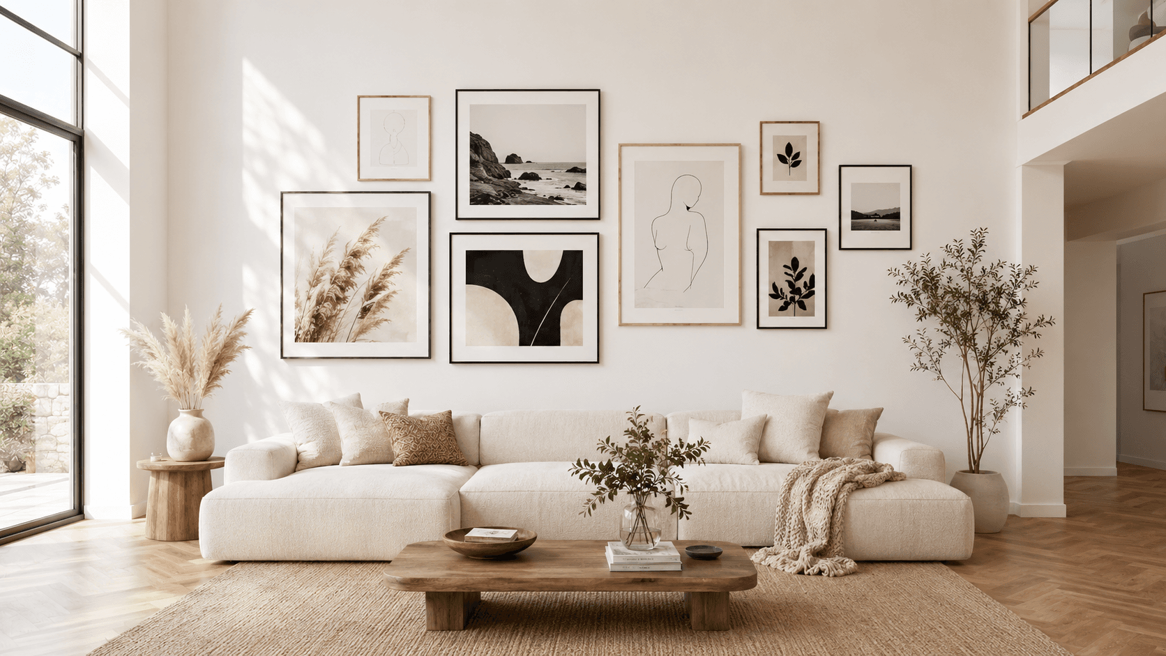 Above-couch gallery wall designed for a 240 cm sofa — six frames balanced asymmetrically with two-thirds-of-couch-width sizing