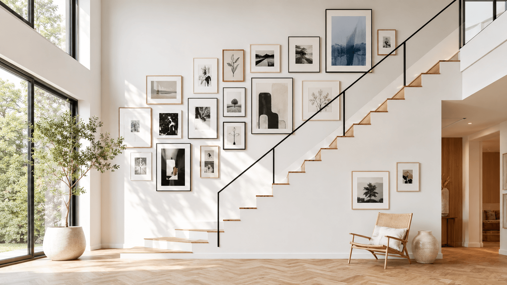 Staircase gallery wall designed along a 14-step rise — frames stepped at 12 cm gaps, scaled to follow the slope