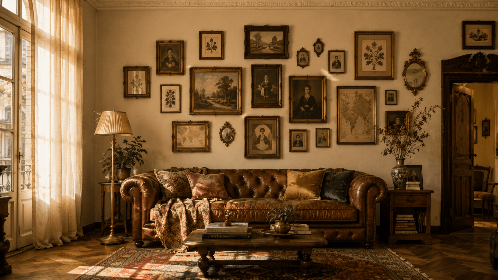 Custom gallery wall layout designed for a living room — twelve framed pieces in mixed wood and gold frames over a vintage credenza, designed to centimeter scale