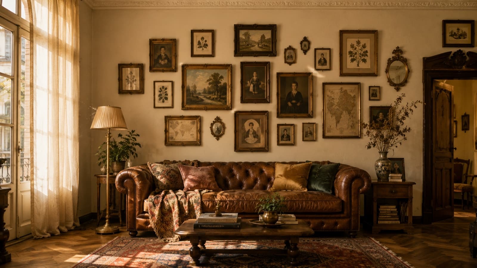 A vintage gallery wall above a leather chesterfield sofa, packed with gilt-framed botanical prints, oil portraits, antique maps, and a small oval mirror