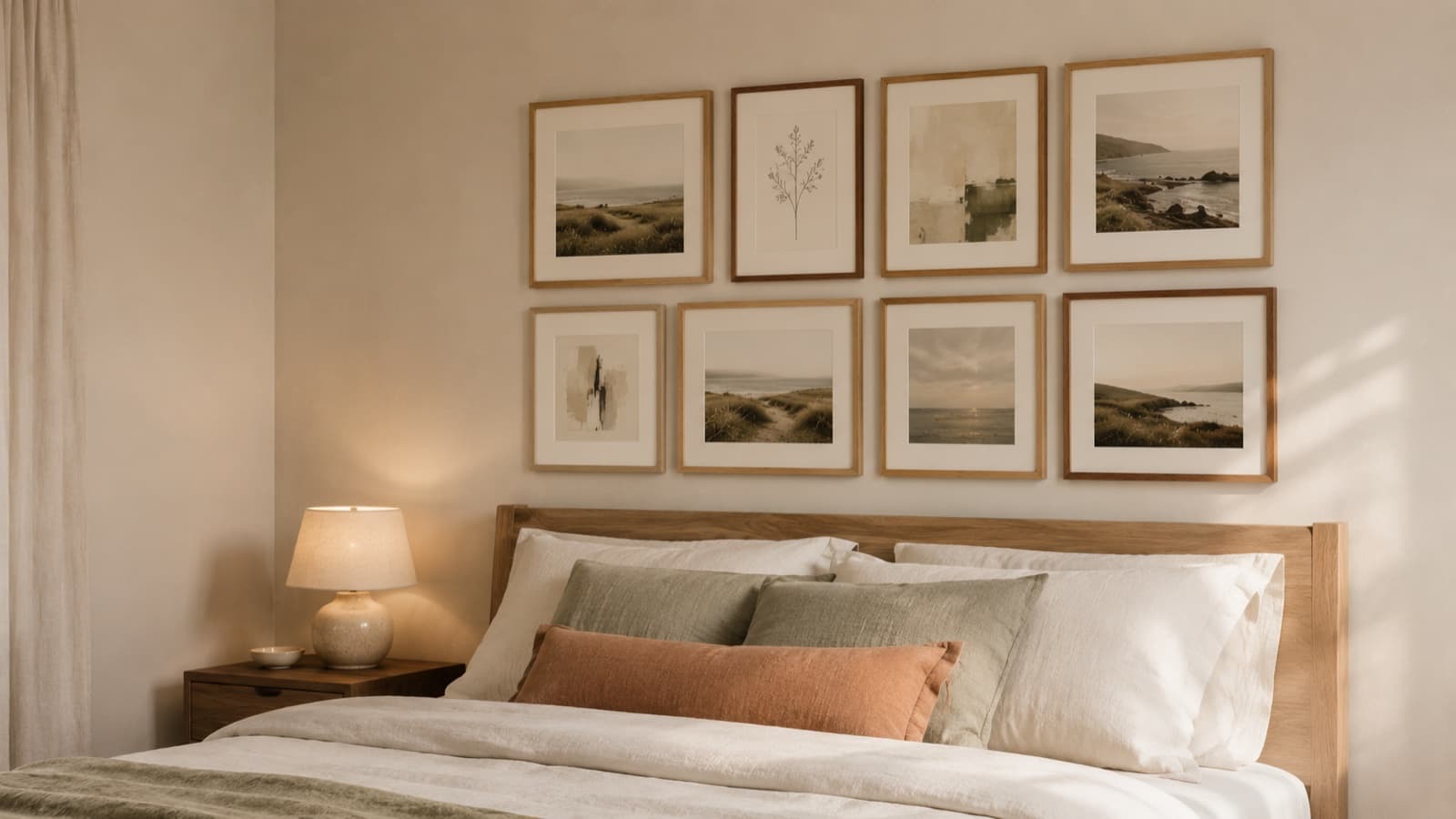 A calm warm-neutral bedroom: a tight two-by-four grid of eight light oak frames above a low natural oak headboard, contents are muted coastal landscape photography, soft tonal abstract paintings, and a delicate botanical line-art print; cream walls, a low ceramic table lamp glowing on a walnut nightstand, sage linen pillows and a muted terracotta lumbar pillow on crisp white bedding.
