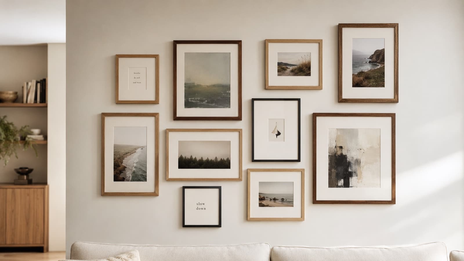 A modern living room gallery wall: ten mixed-size frames in natural oak with two slim black accents, generous cream mats, contents blending coastal landscape photography with a muted abstract painting and small minimalist typographic prints; a low cream linen sofa visible along the bottom edge.